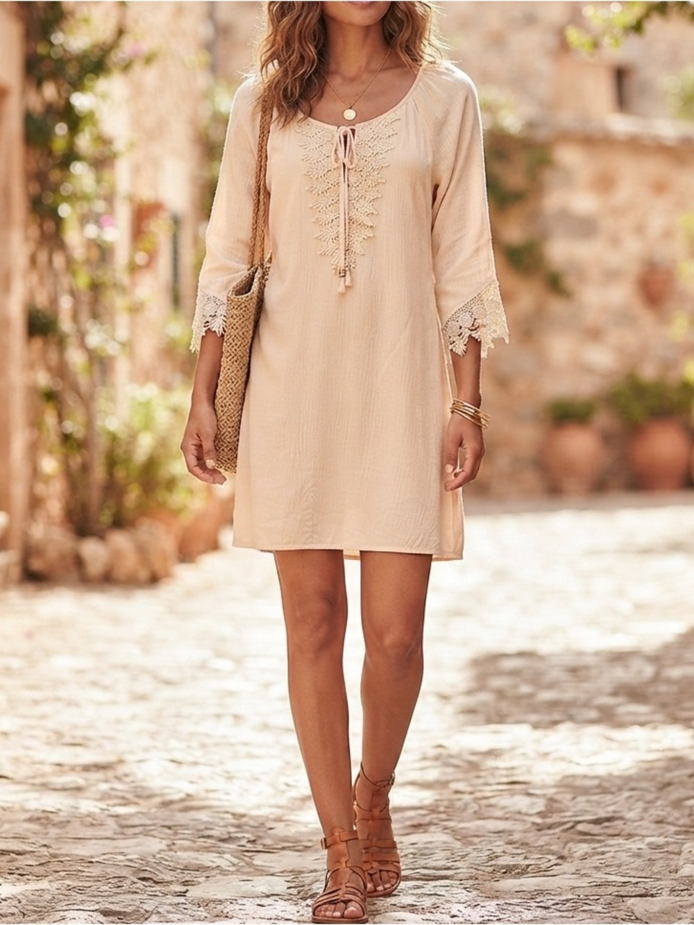 NAIF Cream Boho Tunic Dress with Lace Trim
